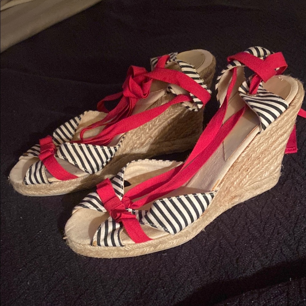 Cute stripe and tie up wedge espadrilles!